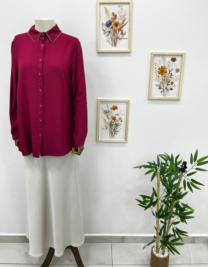 Fuşya Düşes Marka Yakası Çift Zincir Detaylı Gömlek