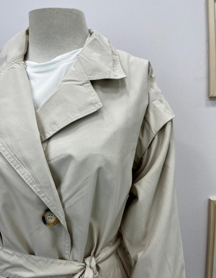 Kemerli Uzun Trençkot Krem