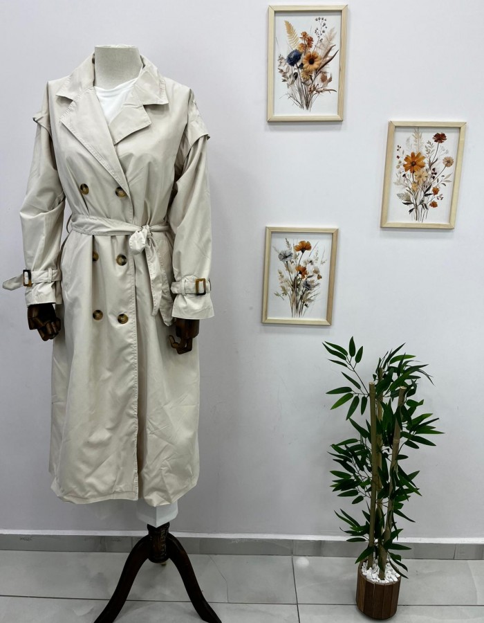 Kemerli Uzun Trençkot Krem