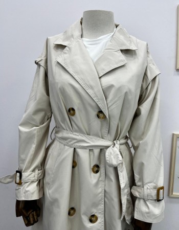 Kemerli Uzun Trençkot Krem