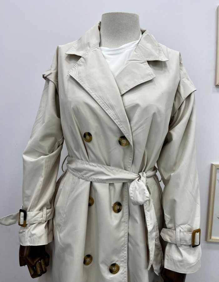 Kemerli Uzun Trençkot Krem