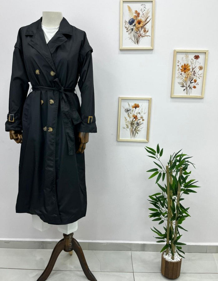 Kemerli Uzun Trençkot Siyah