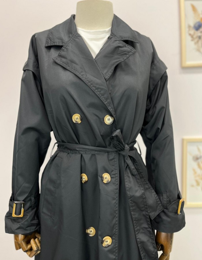 Kemerli Uzun Trençkot Siyah