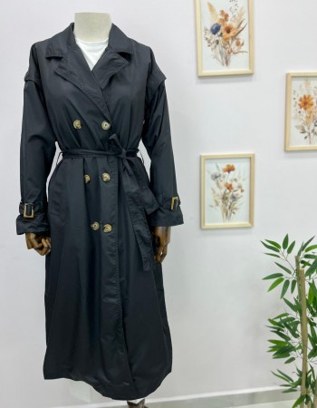 Kemerli Uzun Trençkot Siyah