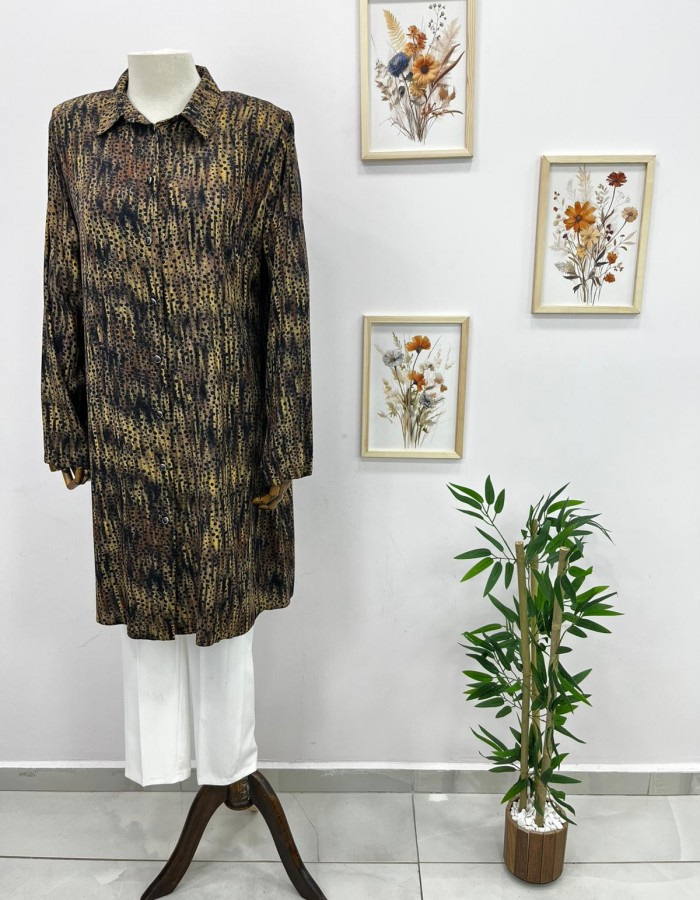 Desenli Vatkalı Gömlek Yaka Büyük Beden Uzun Tunik