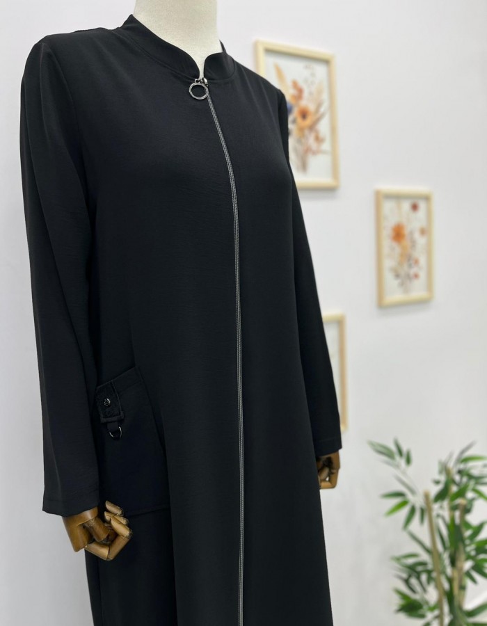 Yandan Yırtmaçlı Cepli Fermuarlı Kap Siyah