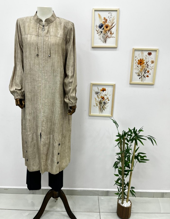 Büyük Beden Açık Kahve Vatkalı Yandan Yırtmaçlı Kap 