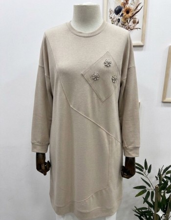 Taşlı Salaş Büyük Beden Tunik Krem