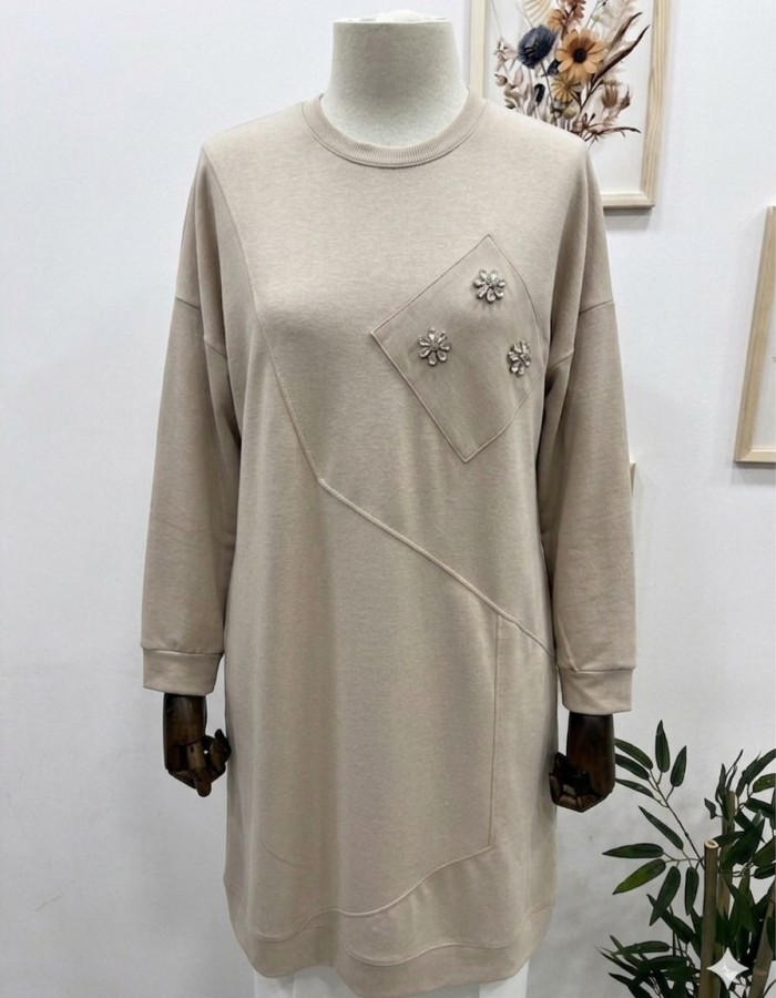 Taşlı Salaş Büyük Beden Tunik Krem