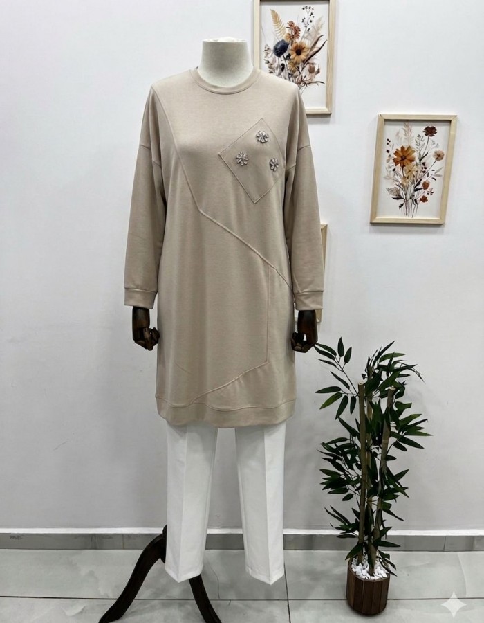 Taşlı Salaş Büyük Beden Tunik Krem