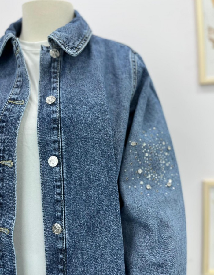Taşlı Denim Ceket Açık Mavi