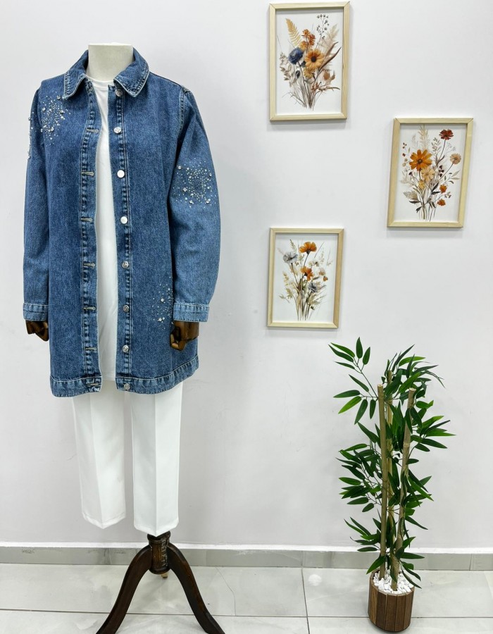 Taşlı Denim Ceket Açık Mavi