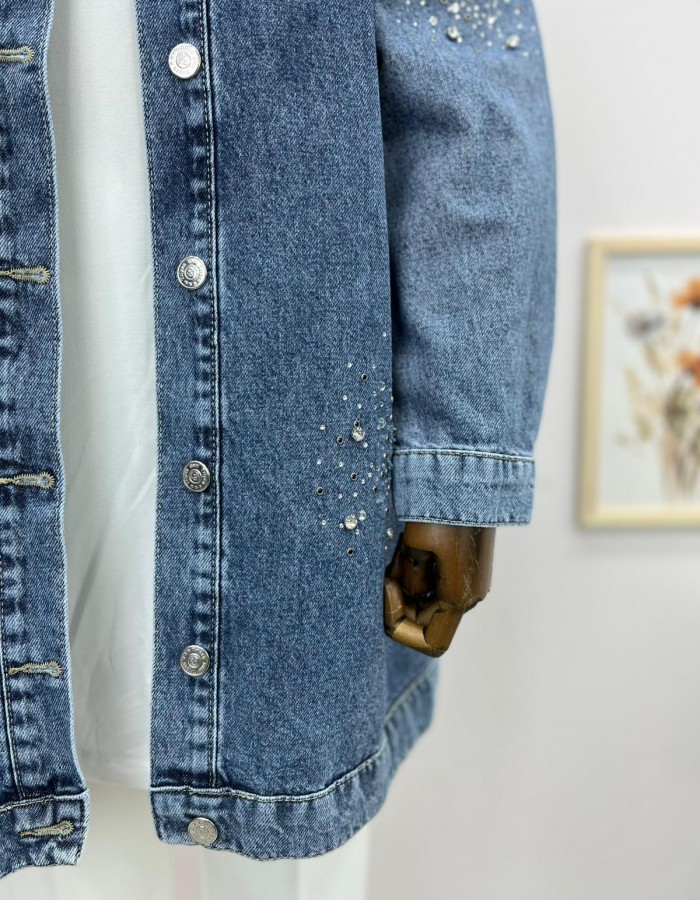 Taşlı Denim Ceket Açık Mavi