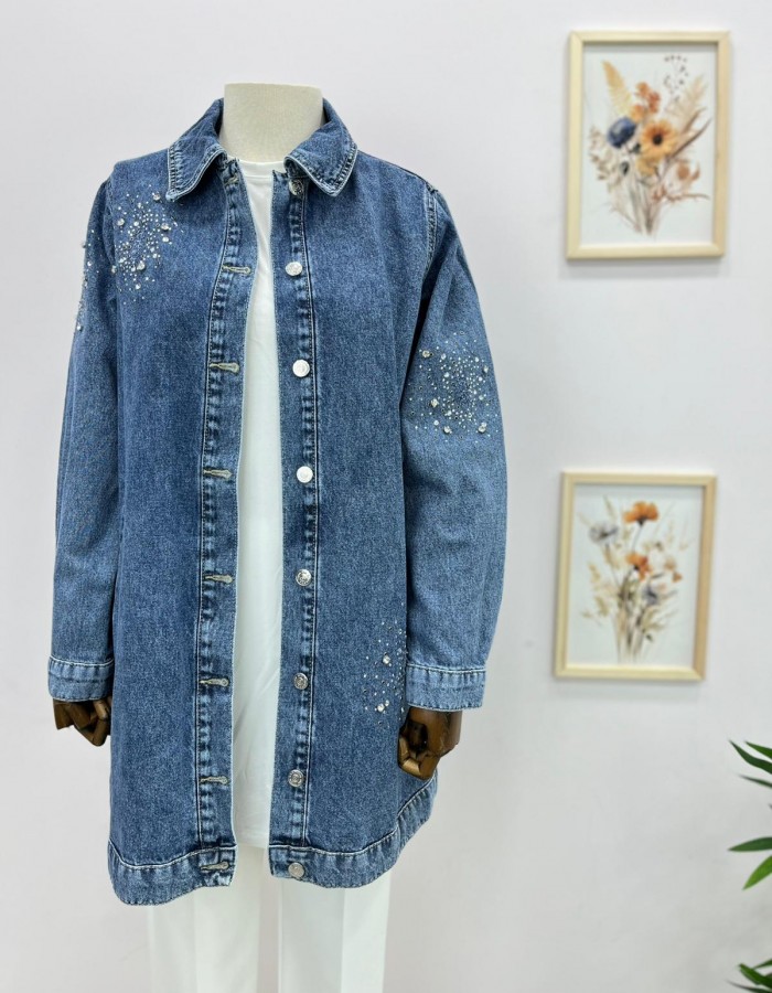 Taşlı Denim Ceket Açık Mavi