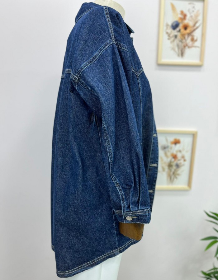 Taşlı Denim Ceket Koyu Mavi