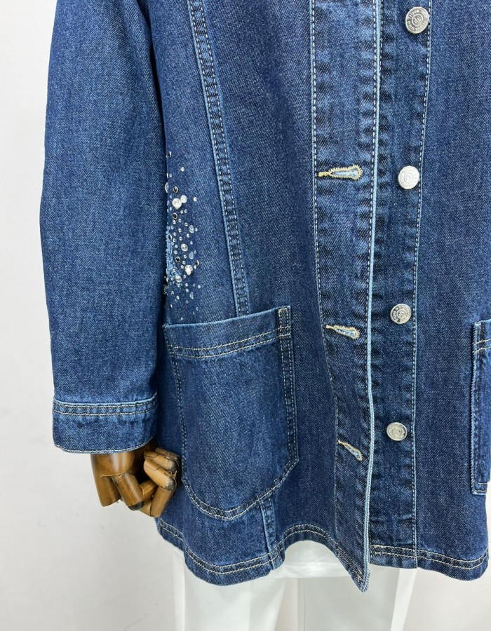 Taşlı Denim Ceket Koyu Mavi