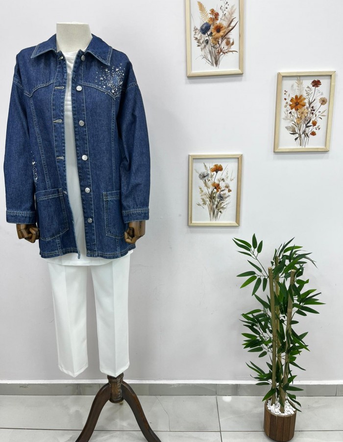 Taşlı Denim Ceket Koyu Mavi