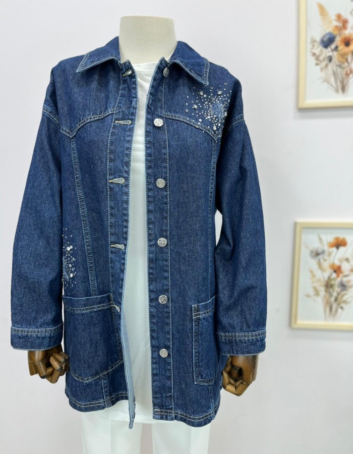 Taşlı Denim Ceket Koyu Mavi
