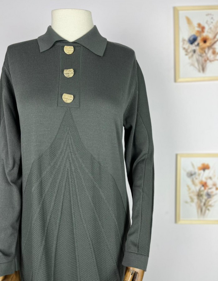 Desenli Merserize Elbise Haki