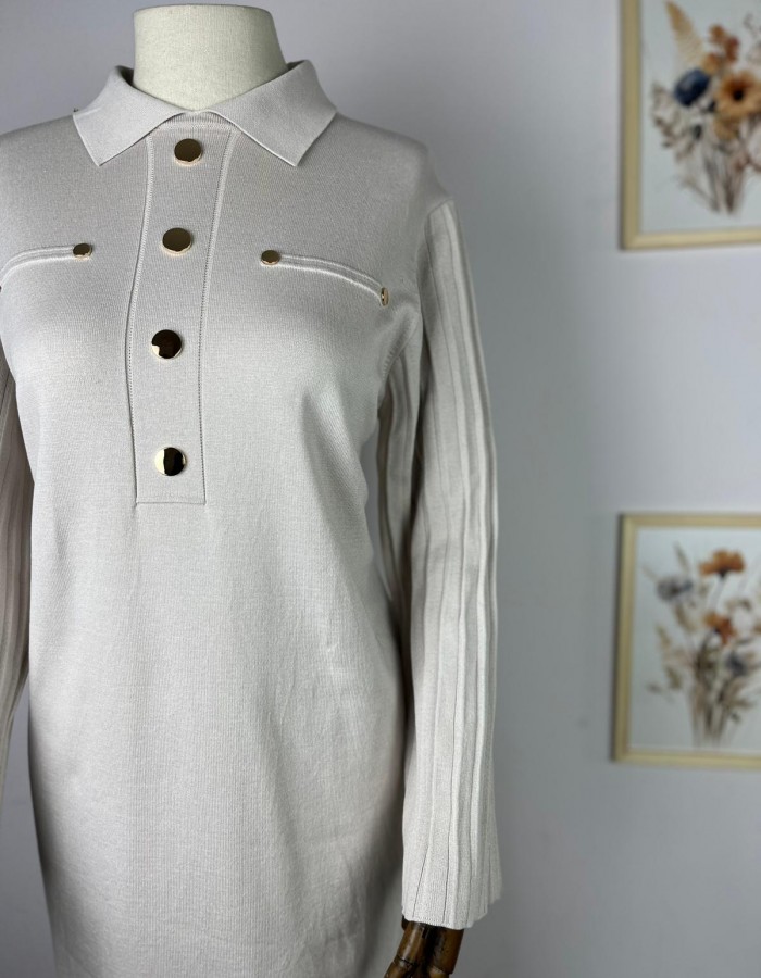 düğme detaylı merserize elbise krem