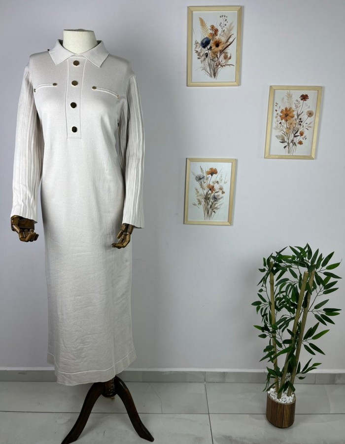 düğme detaylı merserize elbise krem