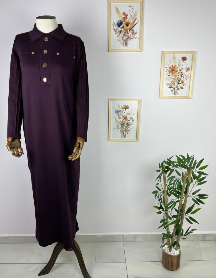Düğme Detaylı Merserize Elbise Mor