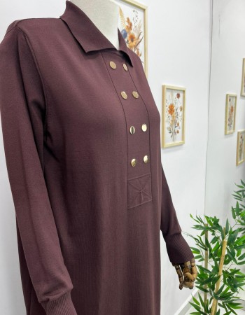 çift düğme detaylı merserize elbise kahverengi