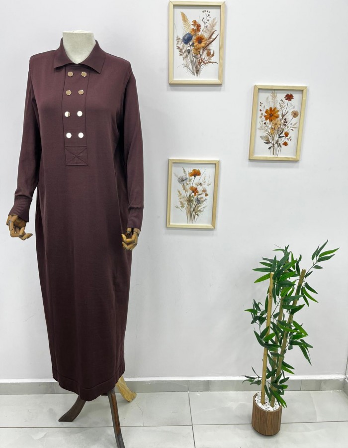 çift düğme detaylı merserize elbise kahverengi