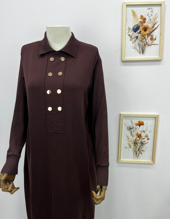 çift düğme detaylı merserize elbise kahverengi