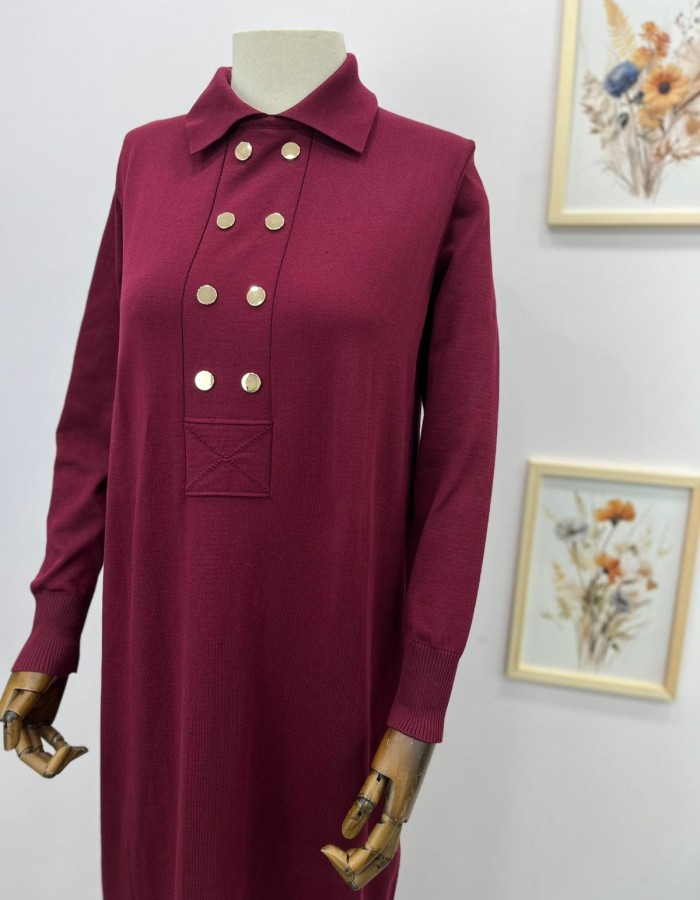 çift düğme detaylı merserize elbise vişne