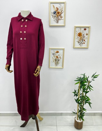 çift düğme detaylı merserize elbise vişne