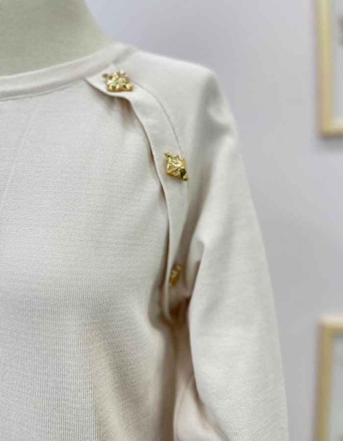 Yan Düğme Detaylı Merserize Elbise Krem