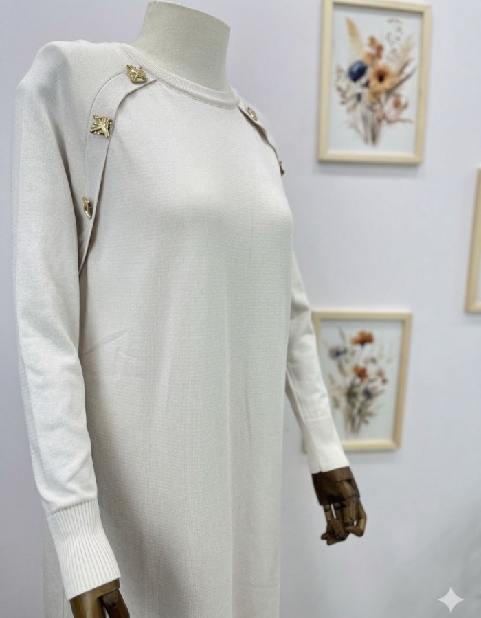 Yan Düğme Detaylı Merserize Elbise Krem