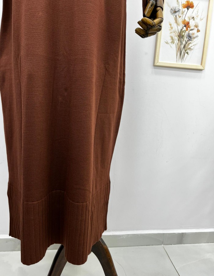 yan düğme detaylı merserize elbise kahverengi