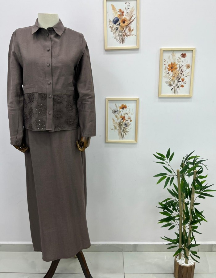 Dantel Detaylı Etekli Takım Kahverengi