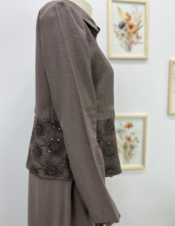 Dantel Detaylı Etekli Takım Kahverengi