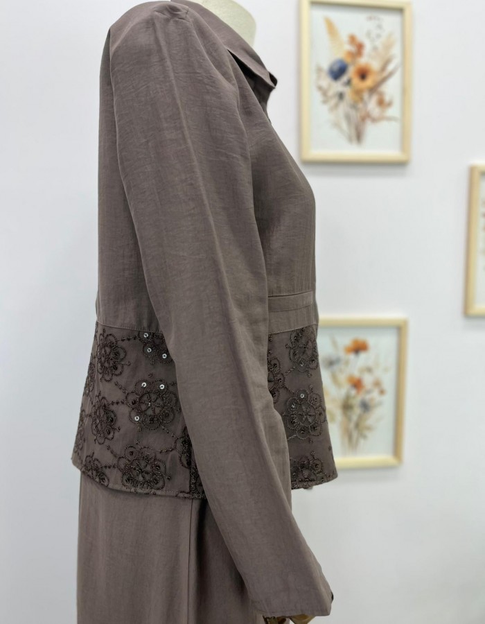 Dantel Detaylı Etekli Takım Kahverengi