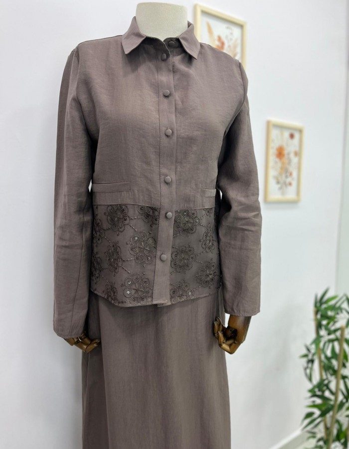 Dantel Detaylı Etekli Takım Kahverengi