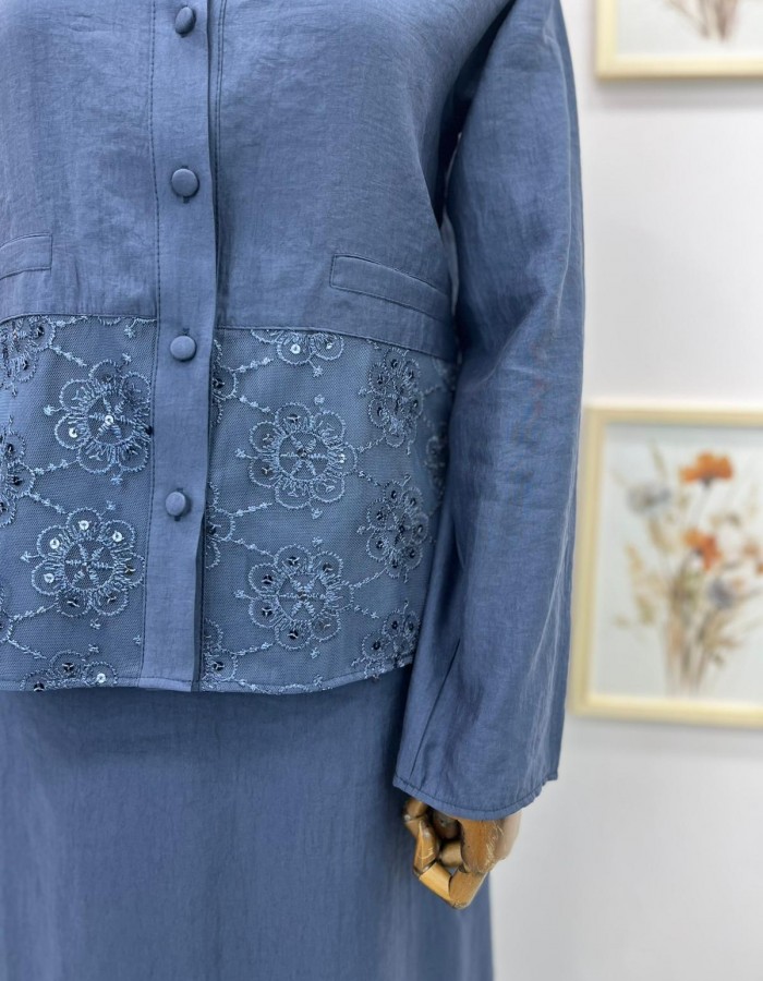 Dantel Detaylı Etekli Takım Lacivert