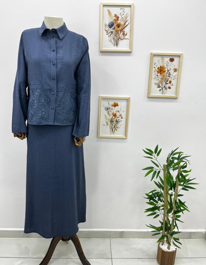 Dantel Detaylı Etekli Takım Lacivert