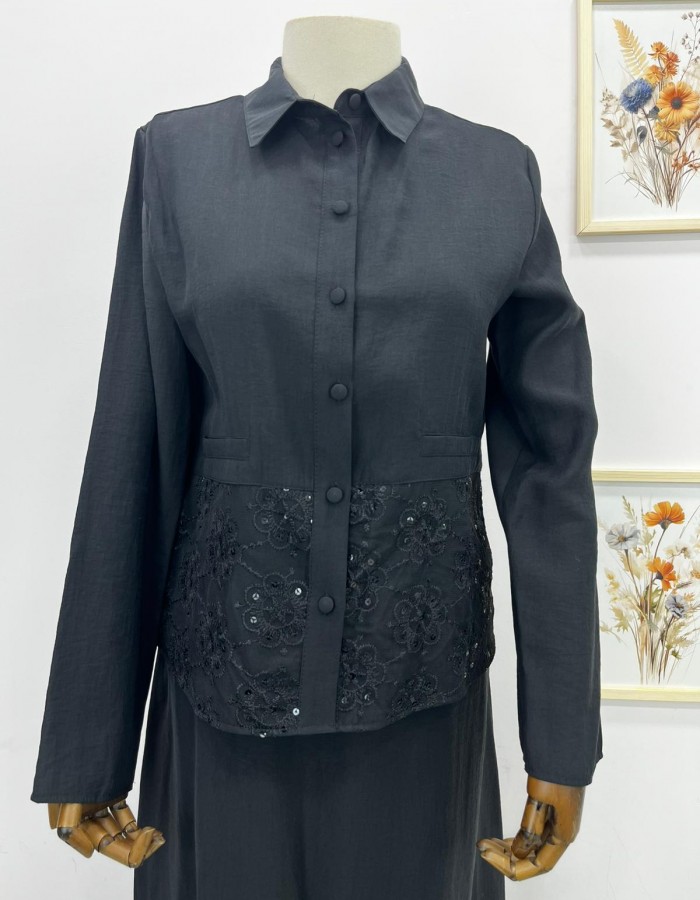 Dantel Detaylı Etekli Takım Siyah