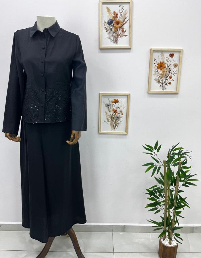 Dantel Detaylı Etekli Takım Siyah