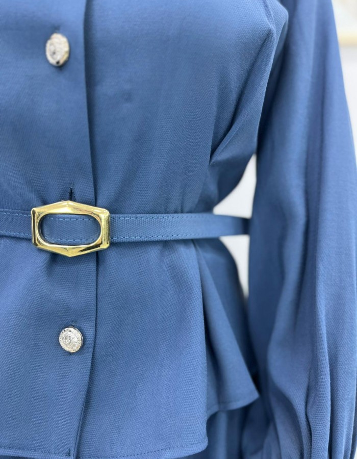 Düğmeli Pens Detaylı Etekli Takım Lacivert