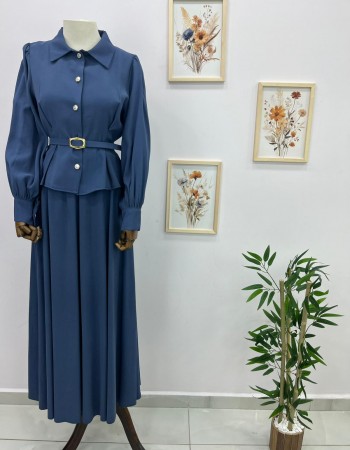 Düğmeli Pens Detaylı Etekli Takım Lacivert