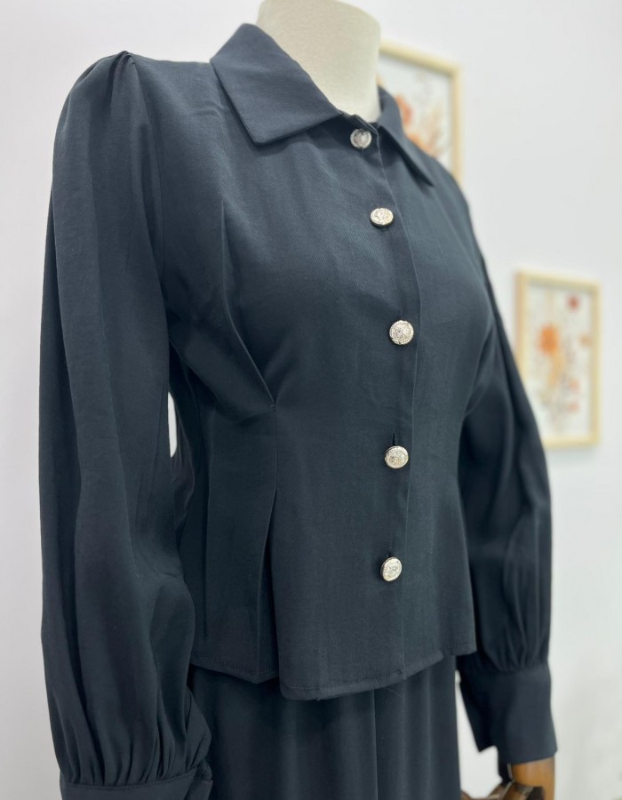 Düğmeli Pens Detaylı Etekli Takım Siyah