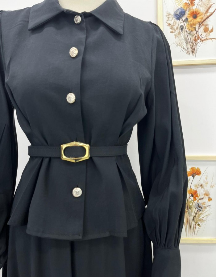 Düğmeli Pens Detaylı Etekli Takım Siyah