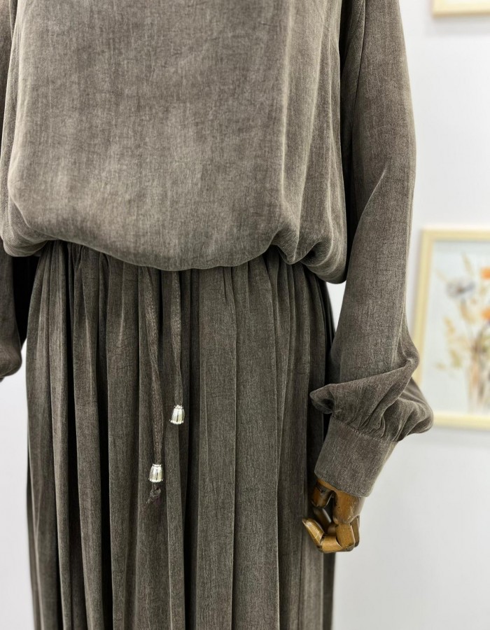 İpek Cupra Kumaş Etek Takım Kahverengi