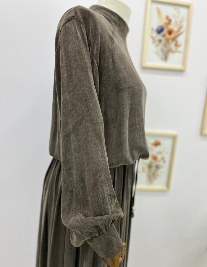 İpek Cupra Kumaş Etek Takım Kahverengi