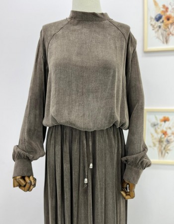 İpek Cupra Kumaş Etek Takım Kahverengi