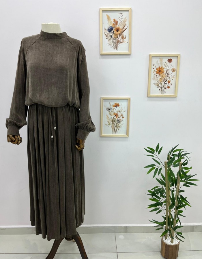 İpek Cupra Kumaş Etek Takım Kahverengi